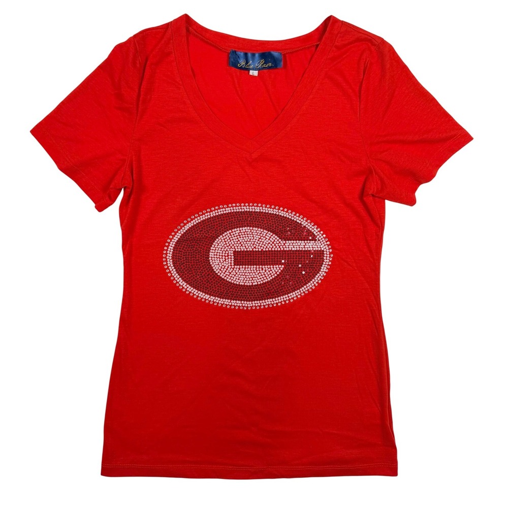 Blue Rain Red V Neck T Shirt Georgia Bulldogs UGA Sequin Logo Women's Large NWOT